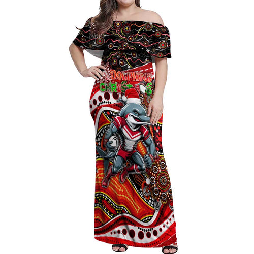 Merry Christmas Dolphins Off Shoulder Maxi Dress Aboriginal Santa Rugby Mascot - Redcliffe