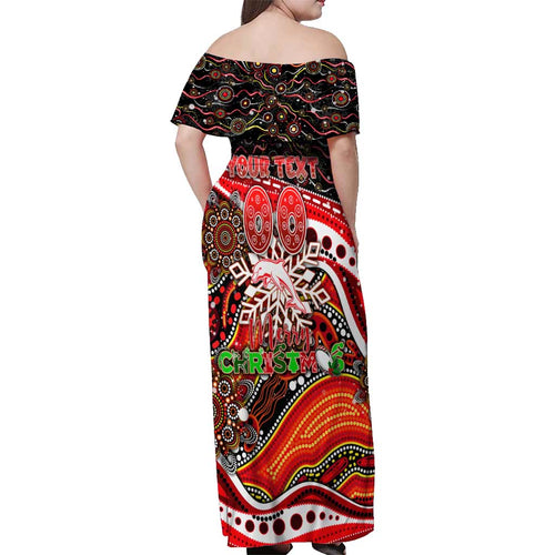 Merry Christmas Dolphins Off Shoulder Maxi Dress Aboriginal Santa Rugby Mascot - Redcliffe