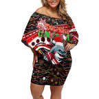 Merry Christmas Dolphins Off Shoulder Short Dress Aboriginal Santa Rugby Mascot - Redcliffe
