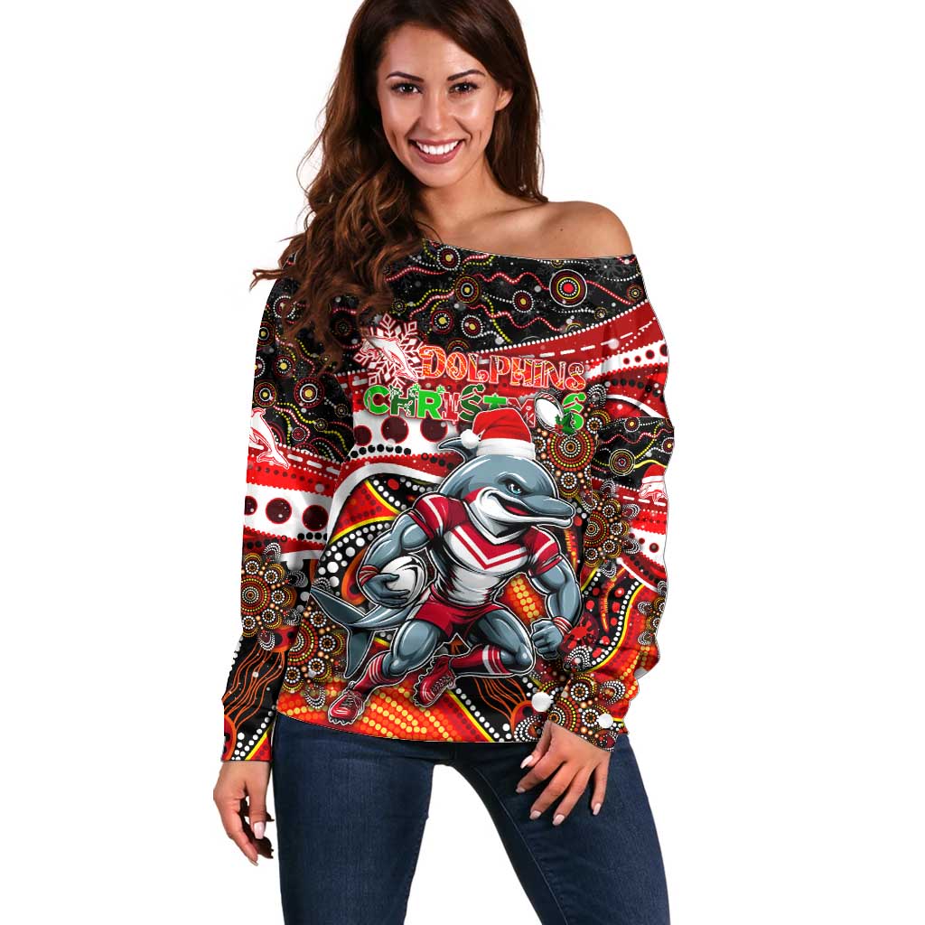 Merry Christmas Dolphins Off Shoulder Sweater Aboriginal Santa Rugby Mascot - Redcliffe
