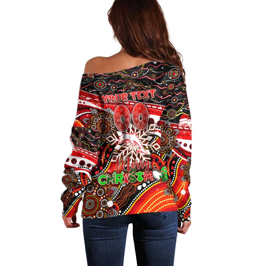 Merry Christmas Dolphins Off Shoulder Sweater Aboriginal Santa Rugby Mascot - Redcliffe