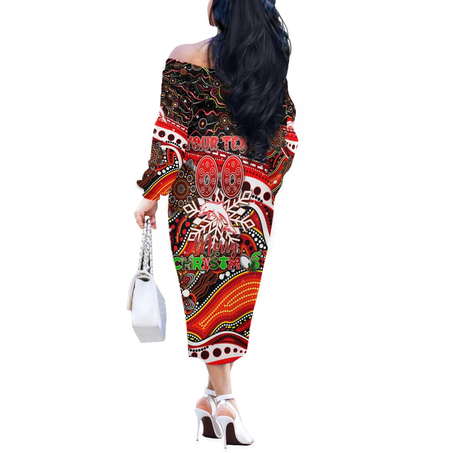 Merry Christmas Dolphins Off The Shoulder Long Sleeve Dress Aboriginal Santa Rugby Mascot - Redcliffe