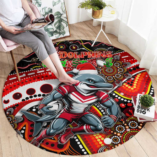 Merry Christmas Dolphins Round Carpet Aboriginal Santa Rugby Mascot - Redcliffe