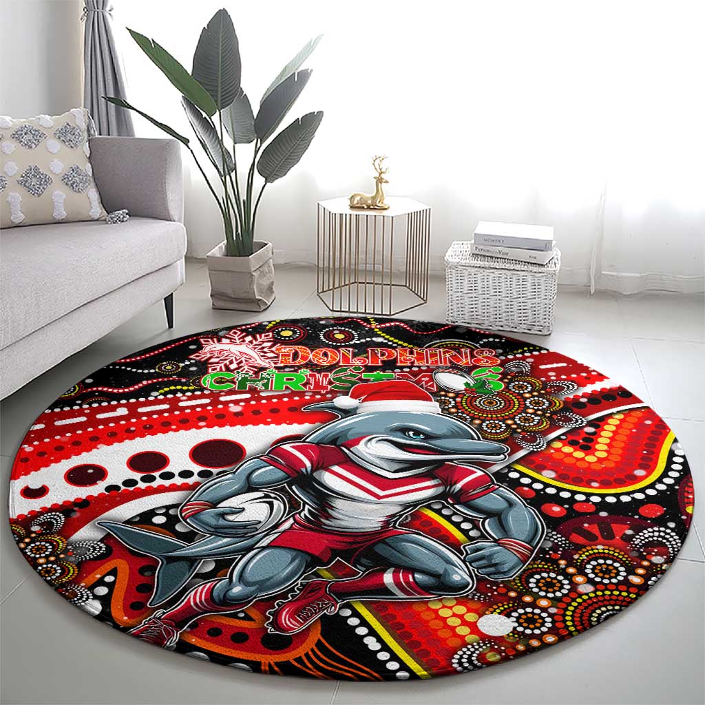 Merry Christmas Dolphins Round Carpet Aboriginal Santa Rugby Mascot - Redcliffe