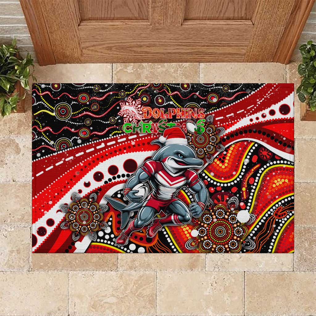 Merry Christmas Dolphins Rubber Doormat Aboriginal Santa Rugby Mascot - Redcliffe