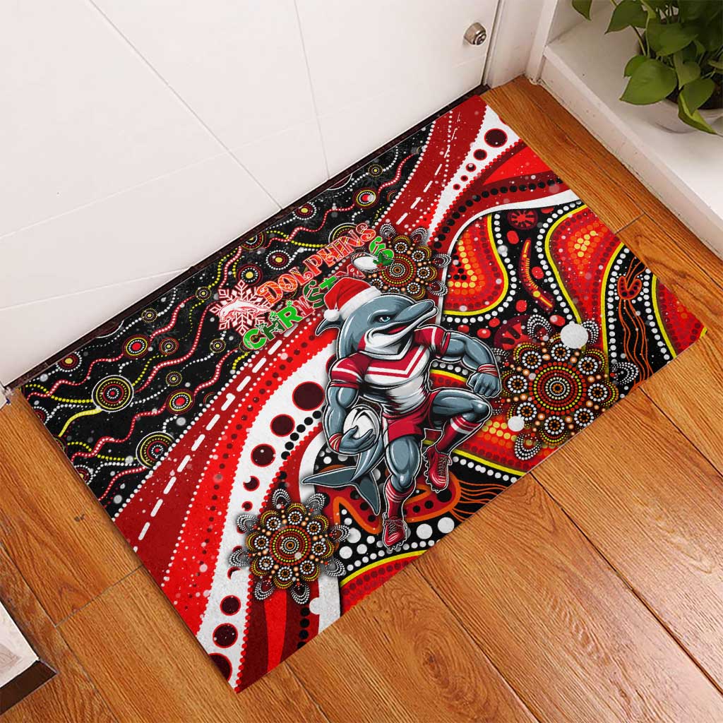 Merry Christmas Dolphins Rubber Doormat Aboriginal Santa Rugby Mascot - Redcliffe