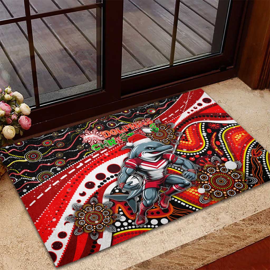 Merry Christmas Dolphins Rubber Doormat Aboriginal Santa Rugby Mascot - Redcliffe