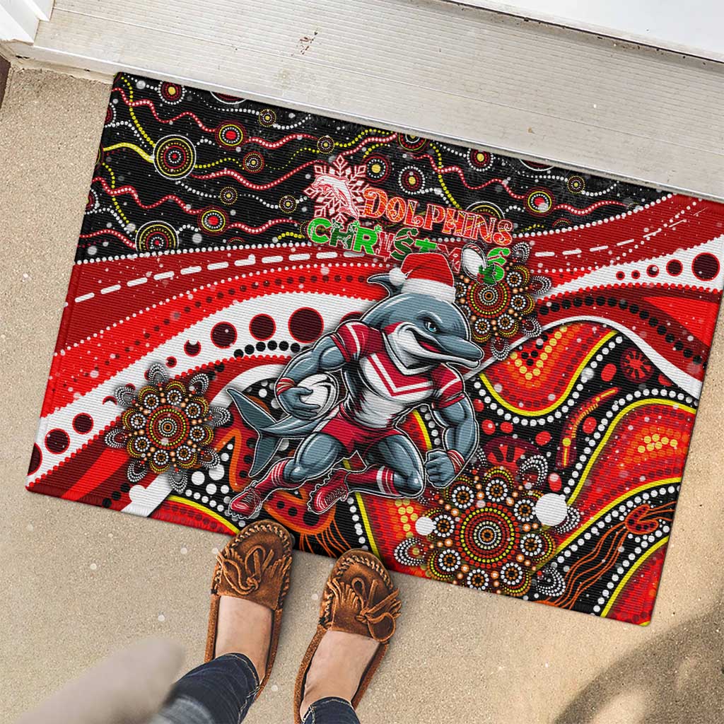 Merry Christmas Dolphins Rubber Doormat Aboriginal Santa Rugby Mascot - Redcliffe