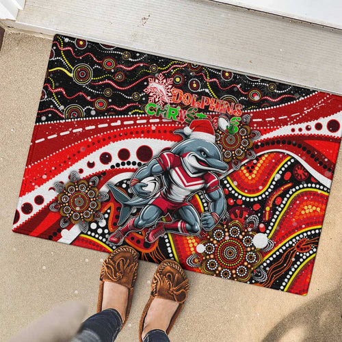 Merry Christmas Dolphins Rubber Doormat Aboriginal Santa Rugby Mascot - Redcliffe