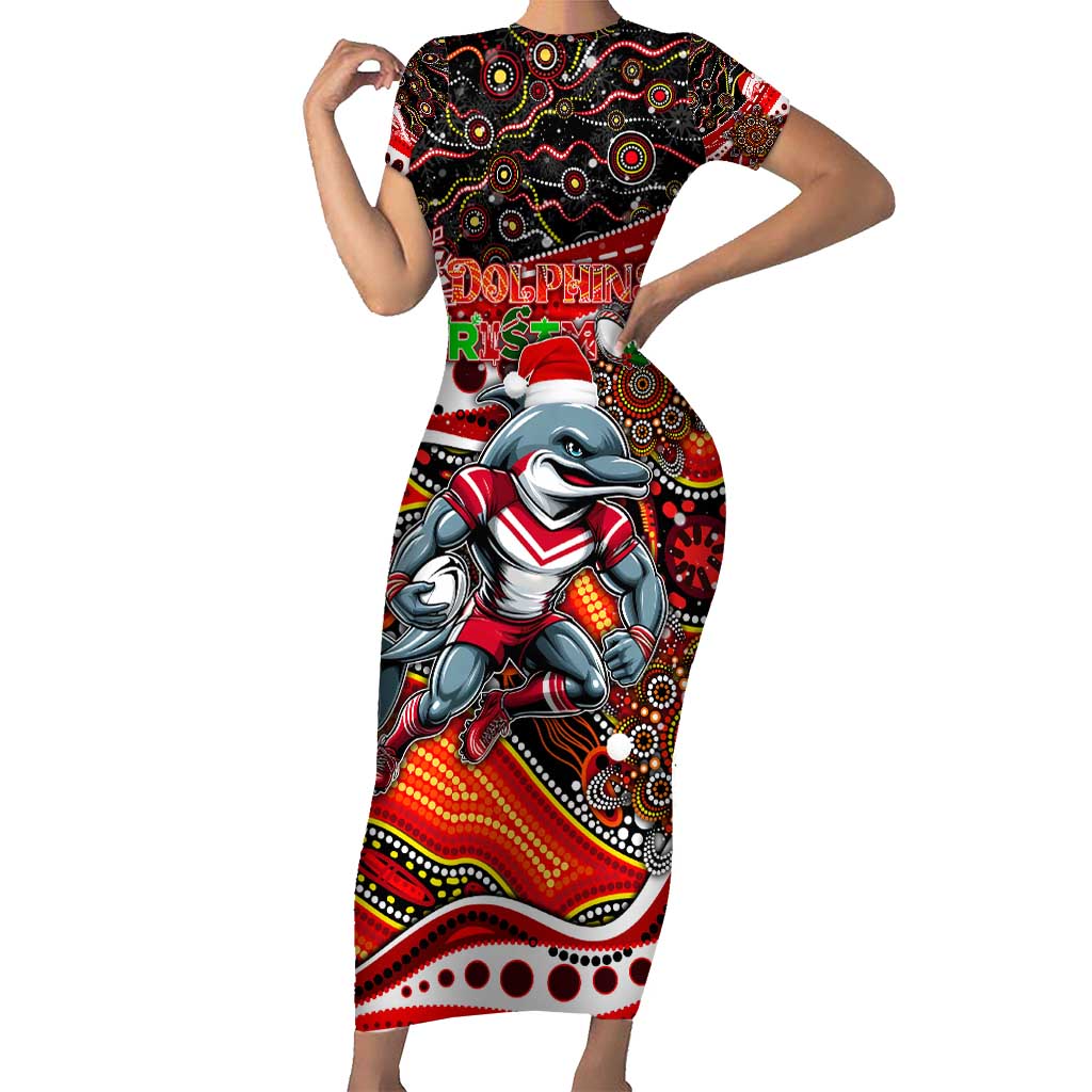 Merry Christmas Dolphins Short Sleeve Bodycon Dress Aboriginal Santa Rugby Mascot - Redcliffe