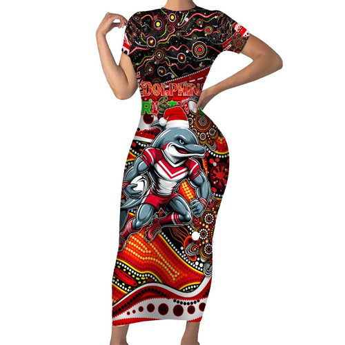 Merry Christmas Dolphins Short Sleeve Bodycon Dress Aboriginal Santa Rugby Mascot - Redcliffe