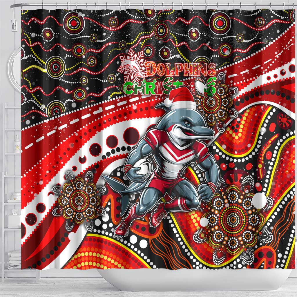 Merry Christmas Dolphins Shower Curtain Aboriginal Santa Rugby Mascot - Redcliffe