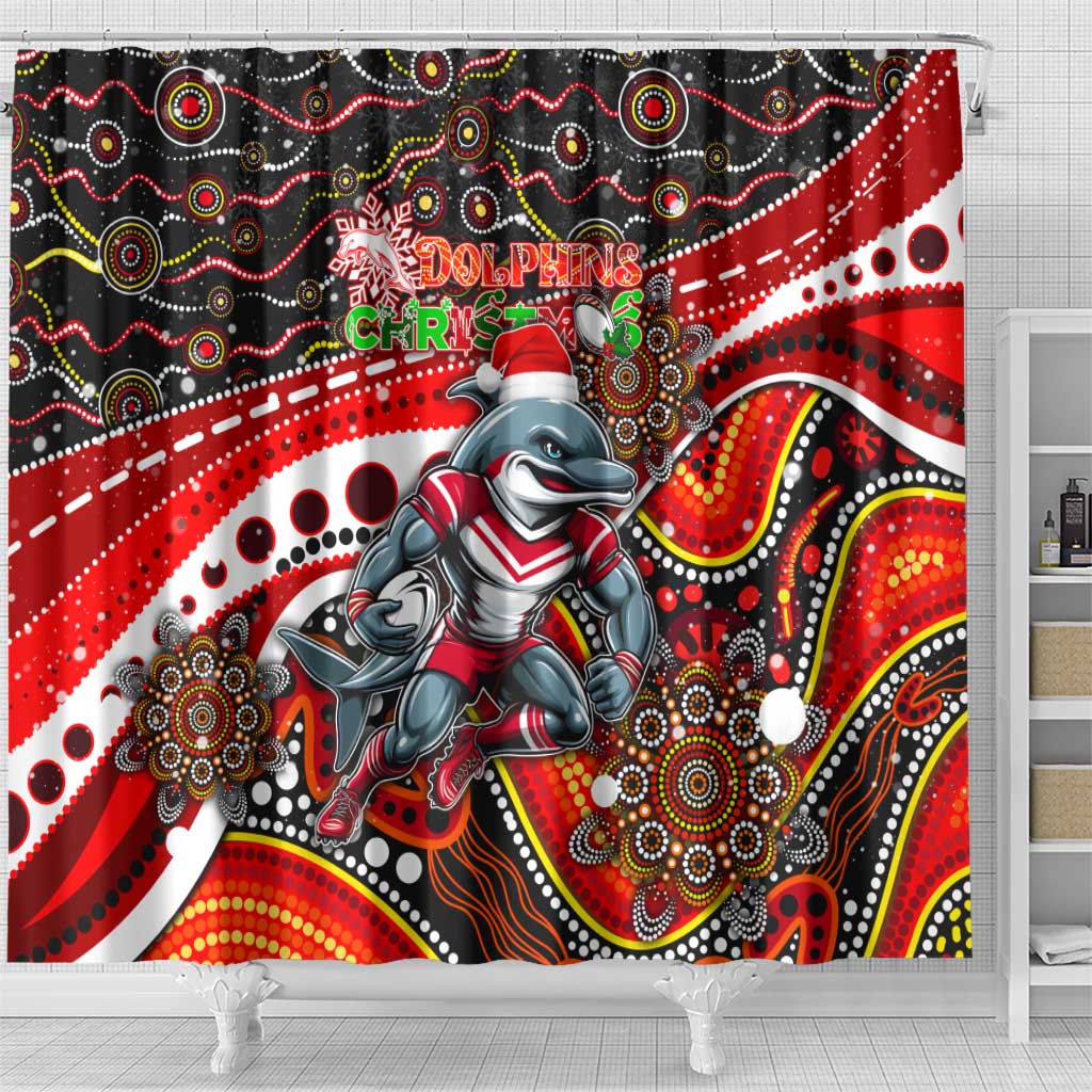 Merry Christmas Dolphins Shower Curtain Aboriginal Santa Rugby Mascot - Redcliffe