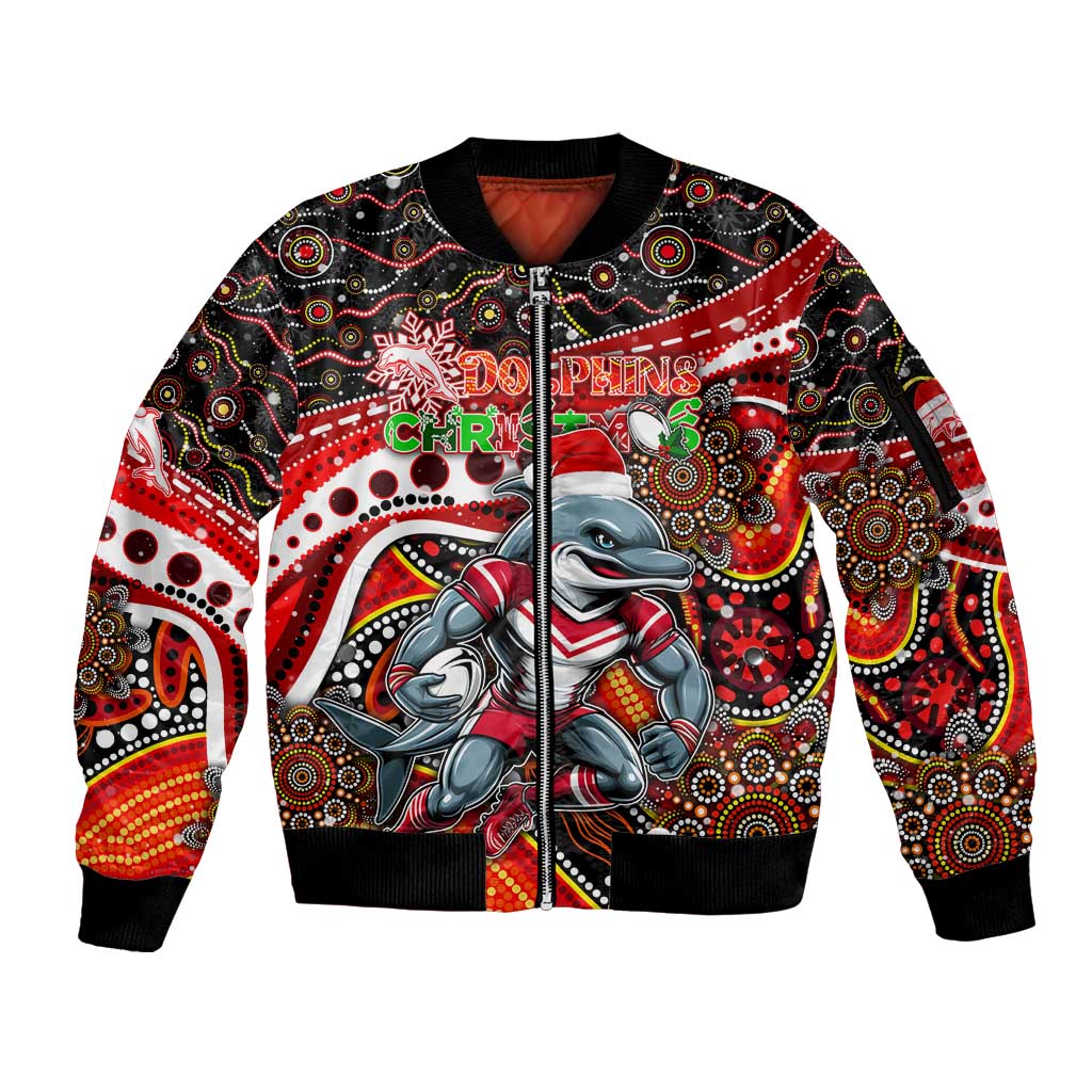 Merry Christmas Dolphins Sleeve Zip Bomber Jacket Aboriginal Santa Rugby Mascot - Redcliffe
