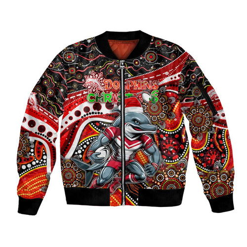 Merry Christmas Dolphins Sleeve Zip Bomber Jacket Aboriginal Santa Rugby Mascot - Redcliffe
