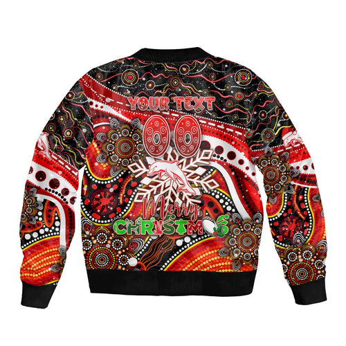 Merry Christmas Dolphins Sleeve Zip Bomber Jacket Aboriginal Santa Rugby Mascot - Redcliffe