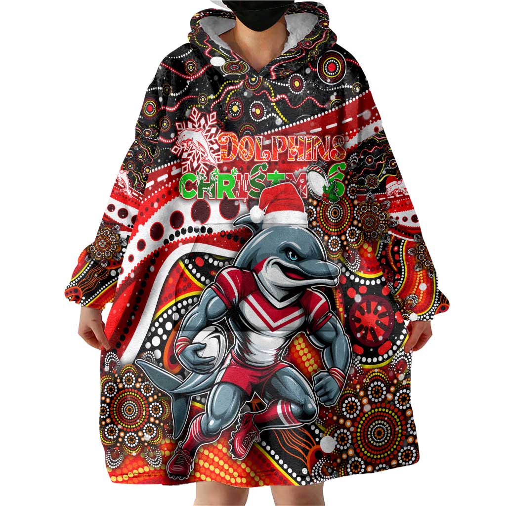 Merry Christmas Dolphins Wearable Blanket Hoodie Aboriginal Santa Rugby Mascot - Redcliffe