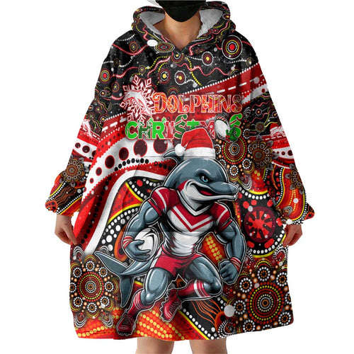 Merry Christmas Dolphins Wearable Blanket Hoodie Aboriginal Santa Rugby Mascot - Redcliffe