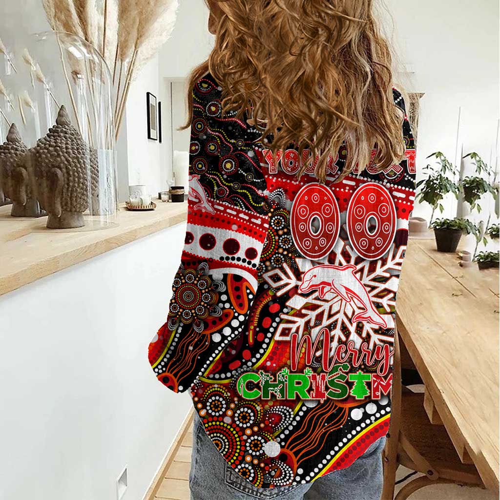 Merry Christmas Dolphins Women Casual Shirt Aboriginal Santa Rugby Mascot - Redcliffe
