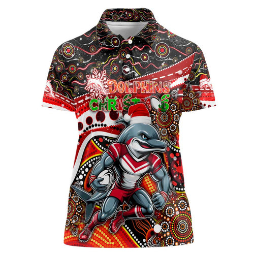 Merry Christmas Dolphins Women Polo Shirt Aboriginal Santa Rugby Mascot - Redcliffe