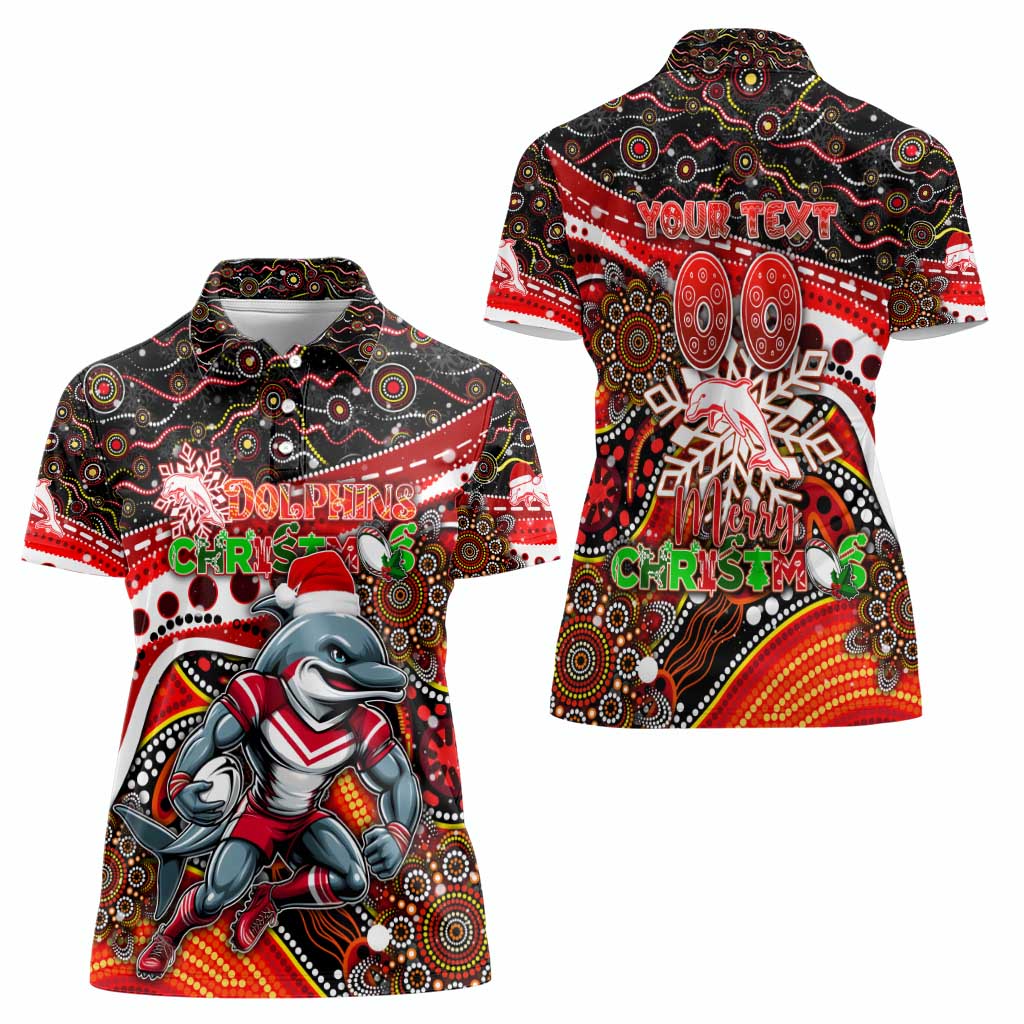 Merry Christmas Dolphins Women Polo Shirt Aboriginal Santa Rugby Mascot - Redcliffe