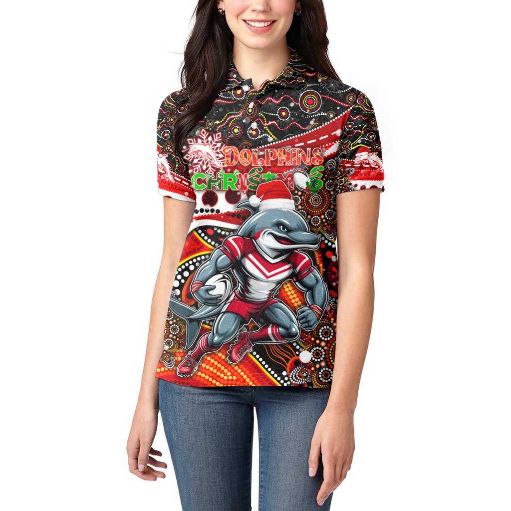 Merry Christmas Dolphins Women Polo Shirt Aboriginal Santa Rugby Mascot - Redcliffe