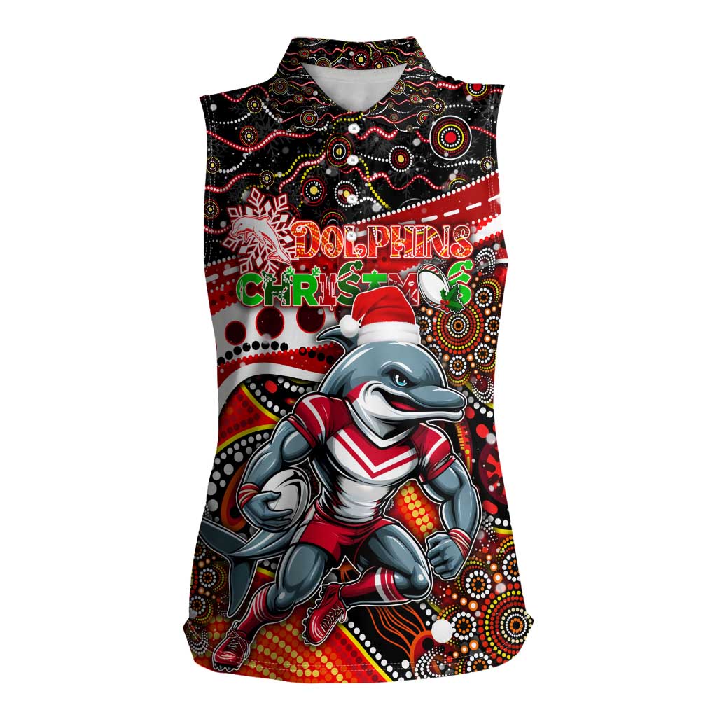Merry Christmas Dolphins Women Sleeveless Polo Shirt Aboriginal Santa Rugby Mascot - Redcliffe