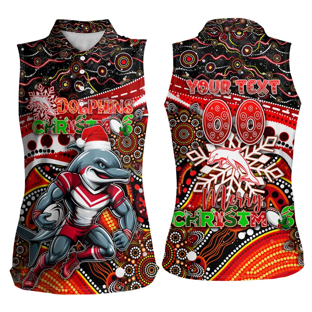 Merry Christmas Dolphins Women Sleeveless Polo Shirt Aboriginal Santa Rugby Mascot - Redcliffe