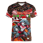 Merry Christmas Dolphins Women V-Neck T-Shirt Aboriginal Santa Rugby Mascot - Redcliffe