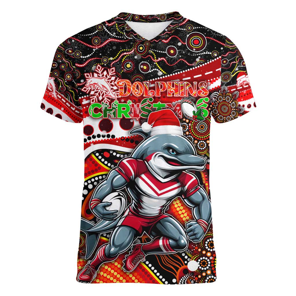 Merry Christmas Dolphins Women V-Neck T-Shirt Aboriginal Santa Rugby Mascot - Redcliffe