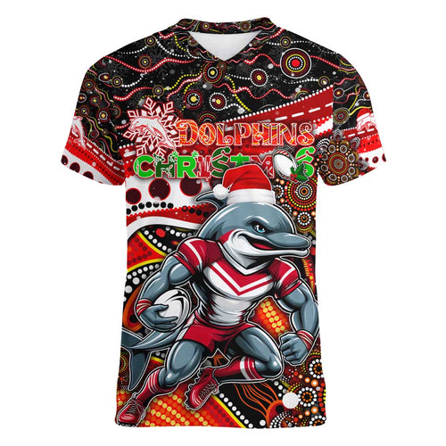 Merry Christmas Dolphins Women V-Neck T-Shirt Aboriginal Santa Rugby Mascot - Redcliffe