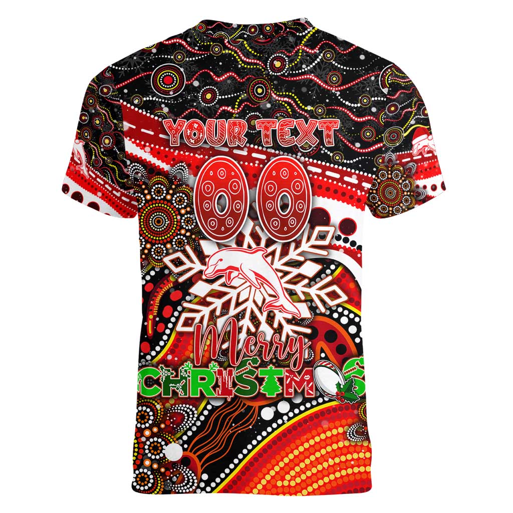 Merry Christmas Dolphins Women V-Neck T-Shirt Aboriginal Santa Rugby Mascot - Redcliffe
