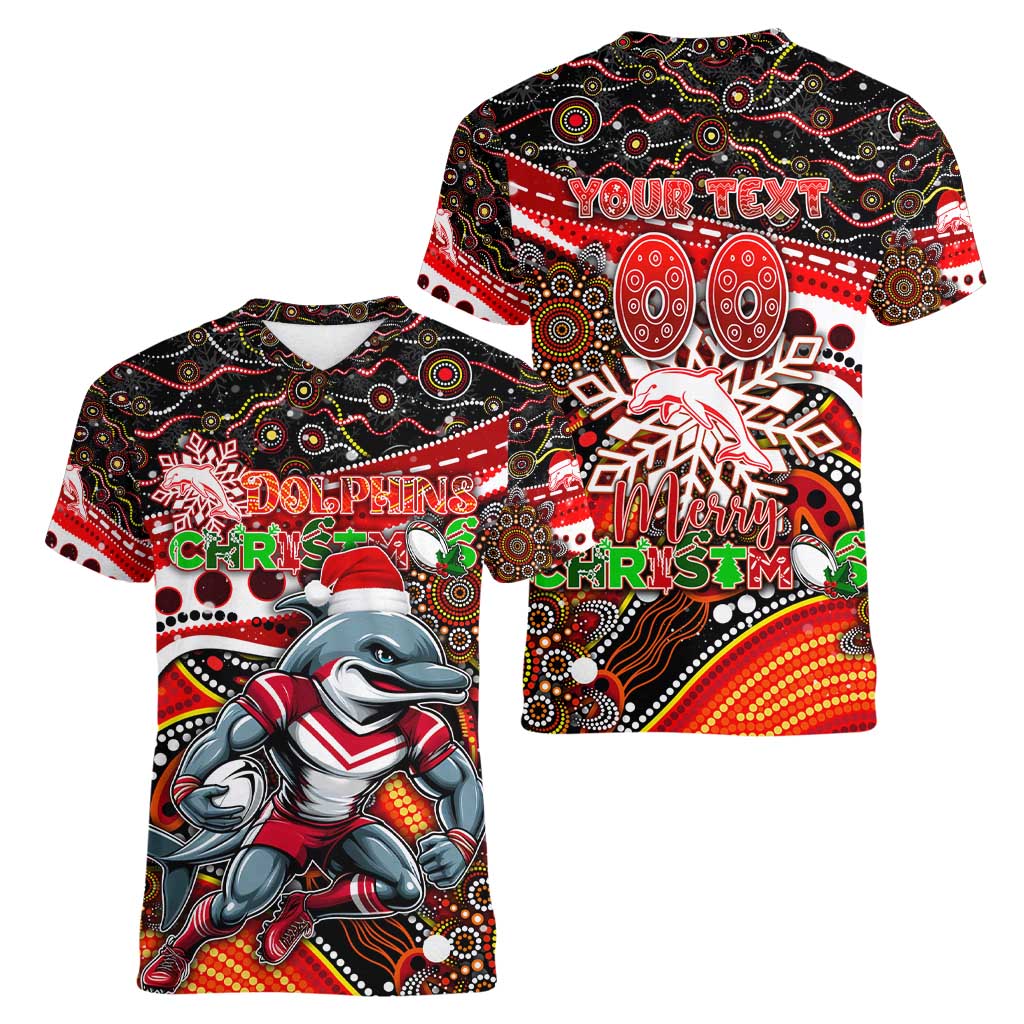 Merry Christmas Dolphins Women V-Neck T-Shirt Aboriginal Santa Rugby Mascot - Redcliffe