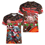 Merry Christmas Dolphins Women V-Neck T-Shirt Aboriginal Santa Rugby Mascot - Redcliffe