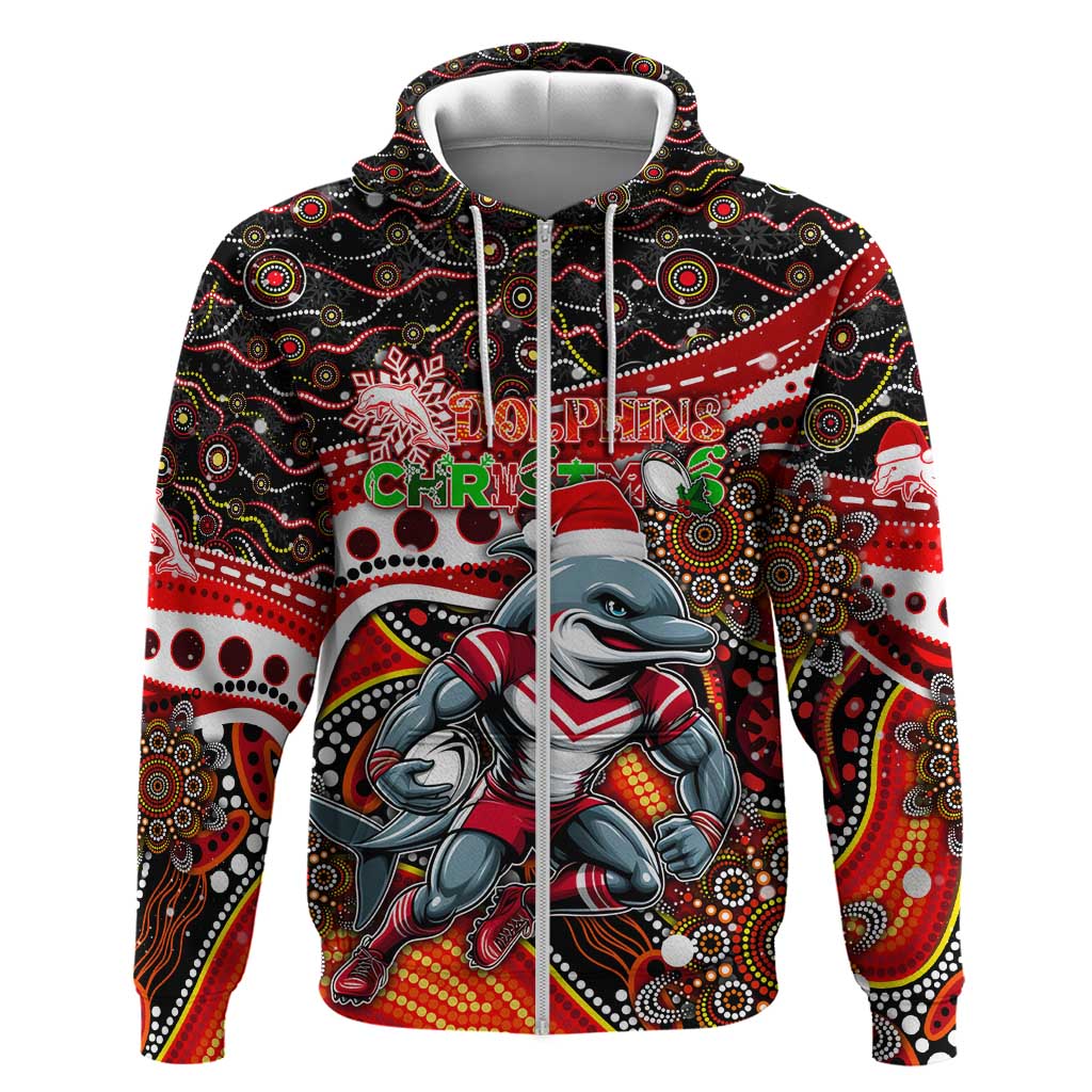 Merry Christmas Dolphins Zip Hoodie Aboriginal Santa Rugby Mascot - Redcliffe