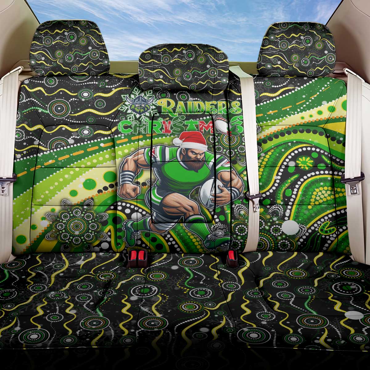 Merry Christmas Raiders Back Car Seat Cover Aboriginal Santa Rugby Mascot - Canberra