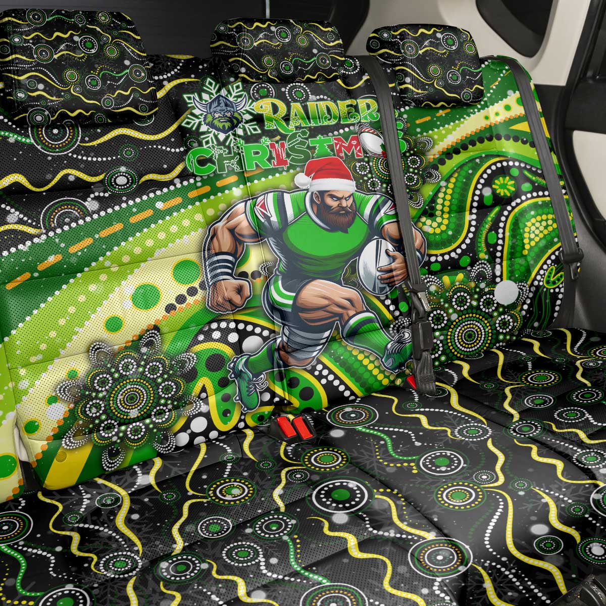 Merry Christmas Raiders Back Car Seat Cover Aboriginal Santa Rugby Mascot - Canberra