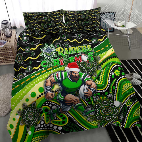 Merry Christmas Raiders Bedding Set Aboriginal Santa Rugby Mascot - Canberra