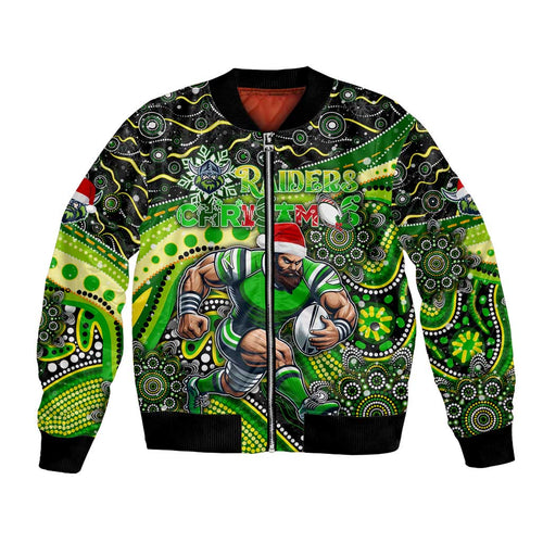 Merry Christmas Raiders Bomber Jacket Aboriginal Santa Rugby Mascot - Canberra