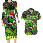 Merry Christmas Raiders Couples Matching Long Sleeve Bodycon Dress and Hawaiian Shirt Aboriginal Santa Rugby Mascot - Canberra