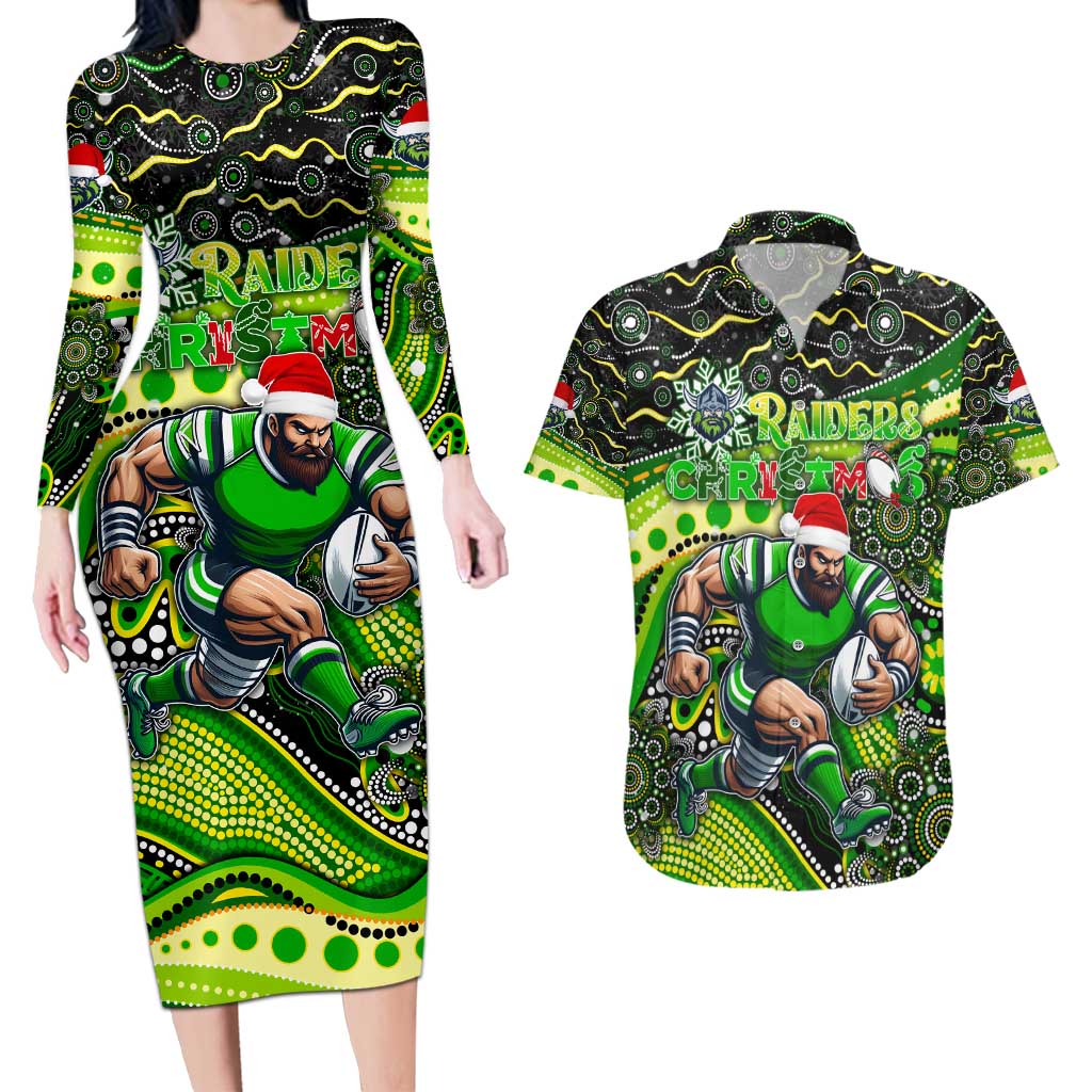 Merry Christmas Raiders Couples Matching Long Sleeve Bodycon Dress and Hawaiian Shirt Aboriginal Santa Rugby Mascot - Canberra