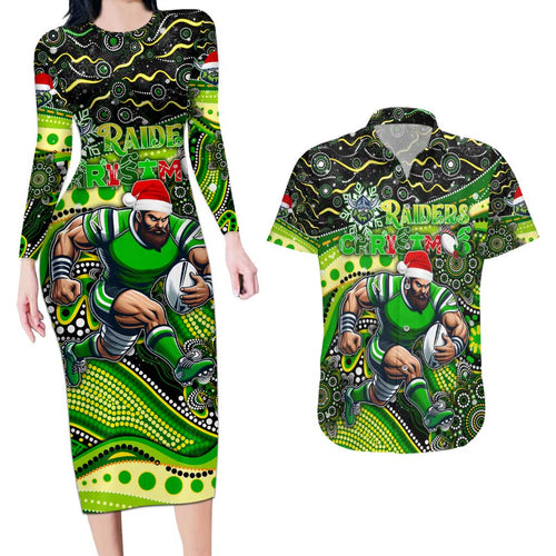 Merry Christmas Raiders Couples Matching Long Sleeve Bodycon Dress and Hawaiian Shirt Aboriginal Santa Rugby Mascot - Canberra