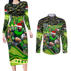 Merry Christmas Raiders Couples Matching Long Sleeve Bodycon Dress and Long Sleeve Button Shirt Aboriginal Santa Rugby Mascot - Canberra