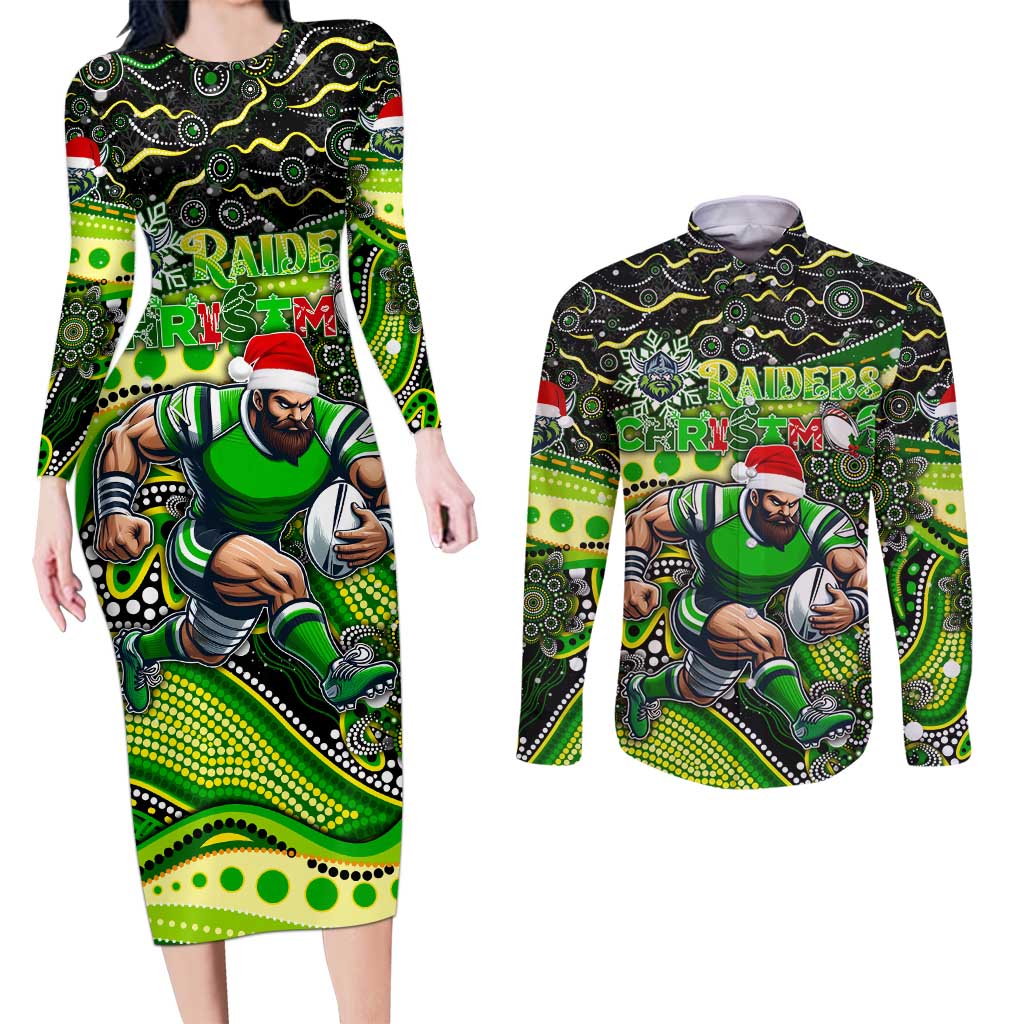 Merry Christmas Raiders Couples Matching Long Sleeve Bodycon Dress and Long Sleeve Button Shirt Aboriginal Santa Rugby Mascot - Canberra