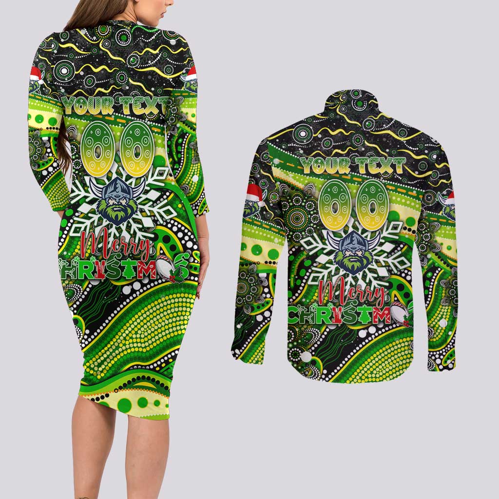 Merry Christmas Raiders Couples Matching Long Sleeve Bodycon Dress and Long Sleeve Button Shirt Aboriginal Santa Rugby Mascot - Canberra