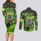 Merry Christmas Raiders Couples Matching Long Sleeve Bodycon Dress and Long Sleeve Button Shirt Aboriginal Santa Rugby Mascot - Canberra
