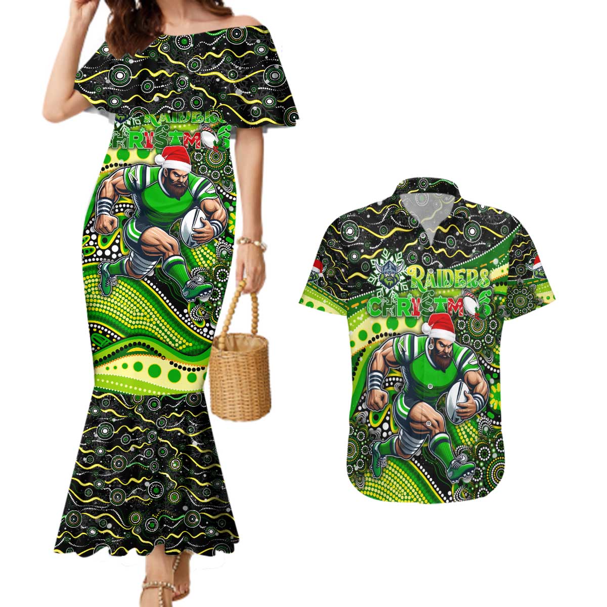 Merry Christmas Raiders Couples Matching Mermaid Dress and Hawaiian Shirt Aboriginal Santa Rugby Mascot - Canberra