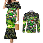 Merry Christmas Raiders Couples Matching Mermaid Dress and Long Sleeve Button Shirt Aboriginal Santa Rugby Mascot - Canberra