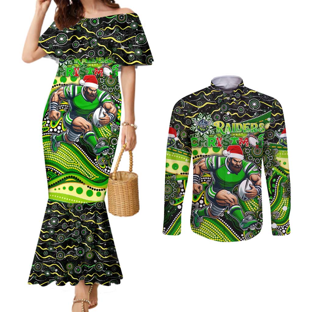 Merry Christmas Raiders Couples Matching Mermaid Dress and Long Sleeve Button Shirt Aboriginal Santa Rugby Mascot - Canberra
