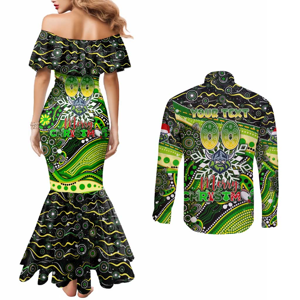 Merry Christmas Raiders Couples Matching Mermaid Dress and Long Sleeve Button Shirt Aboriginal Santa Rugby Mascot - Canberra